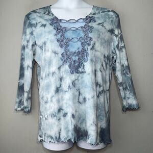 Nature Art Lynn Yang Size XL Blue White Tie Dye Tee Top Lettuce Hem Hippie Y2K